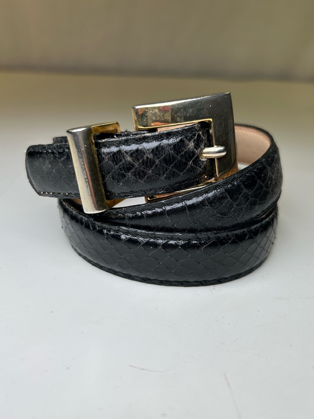 Black Genuine Snakeskin Leather Belt Gold Buckle